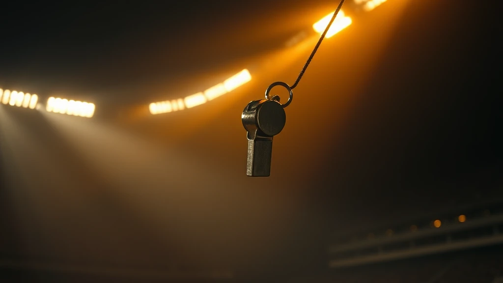 A steel referee whistle swinging on its cord
