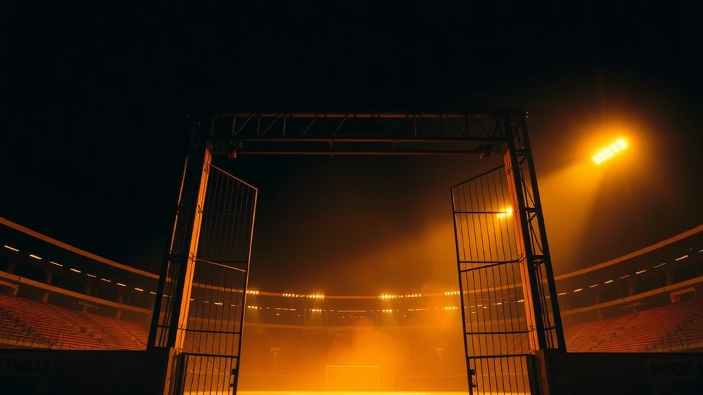 A steel stadium gate standing half open