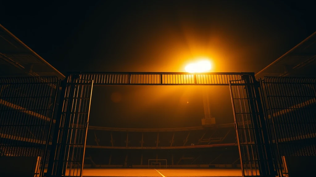A steel stadium gate standing half open
